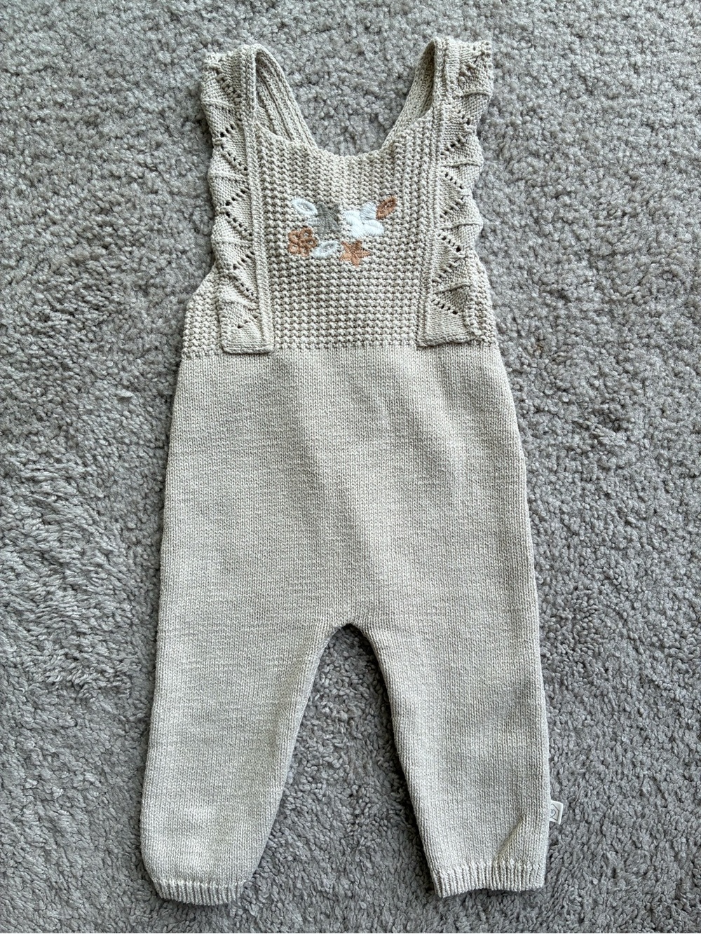 Cream Knit Baby Overalls with Embroidered Duck